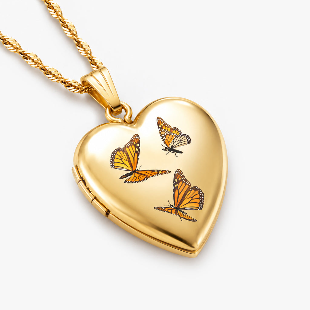 14K Gold Filled Monarch Butterfly Heart Photo Locket