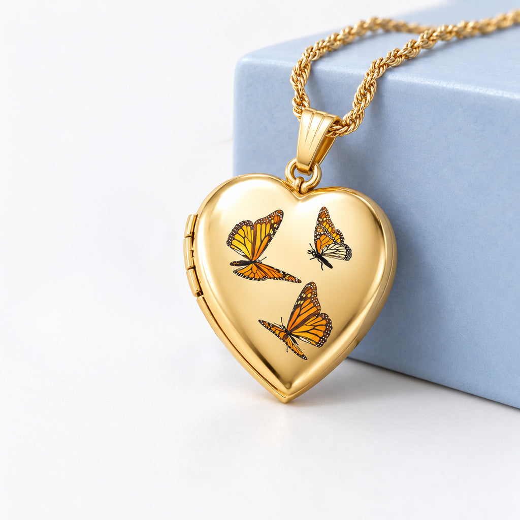 14K Gold Filled Monarch Butterfly Heart Photo Locket - lifestyle