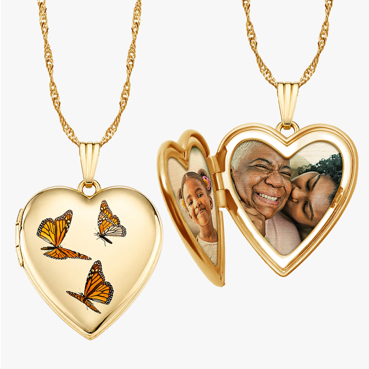14K Yellow Gold Monarch Butterfly Heart Photo Locket