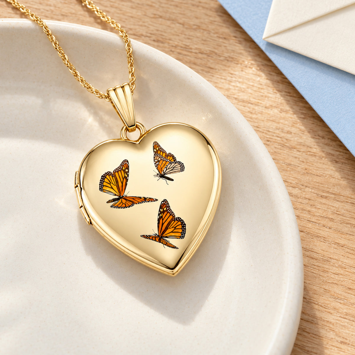 14K Yellow Gold Monarch Butterfly Heart Photo Locket - lifestyle