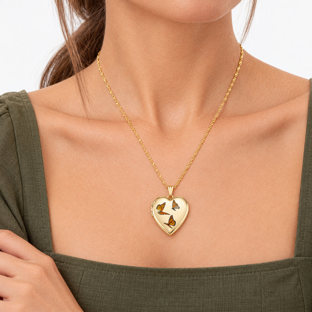14K Yellow Gold Monarch Butterfly Heart Photo Locket - on model