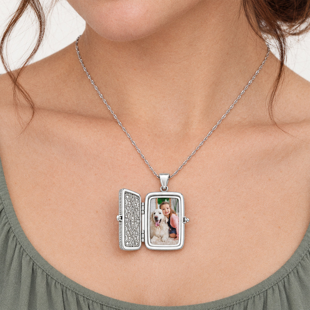 Cubic Zirconia Rectangle Photo Locket - on model