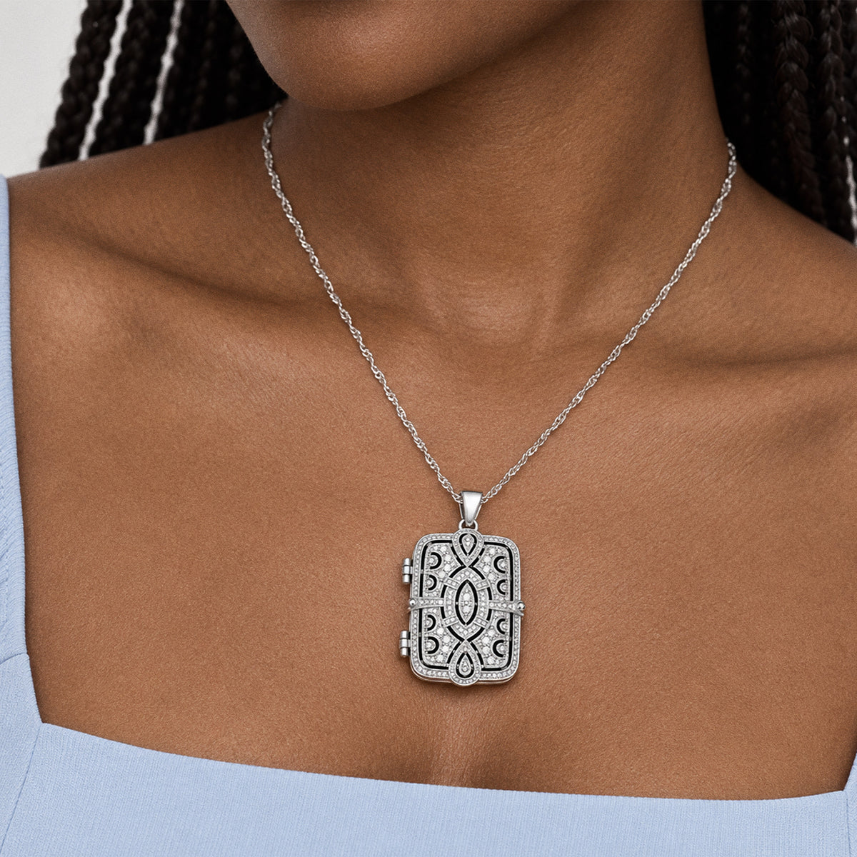Cubic Zirconia Rectangle Photo Locket - on model