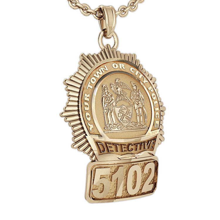 Angled view of a gold New York detective badge pendant with sample number 5102 (PG85780, secondary photo 2)
