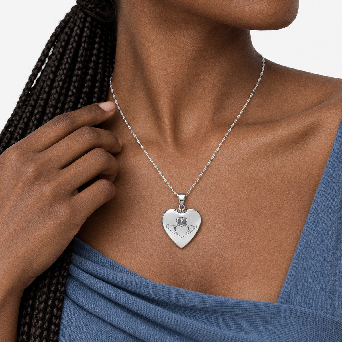 Celtic Claddagh Heart Photo Locket - on model