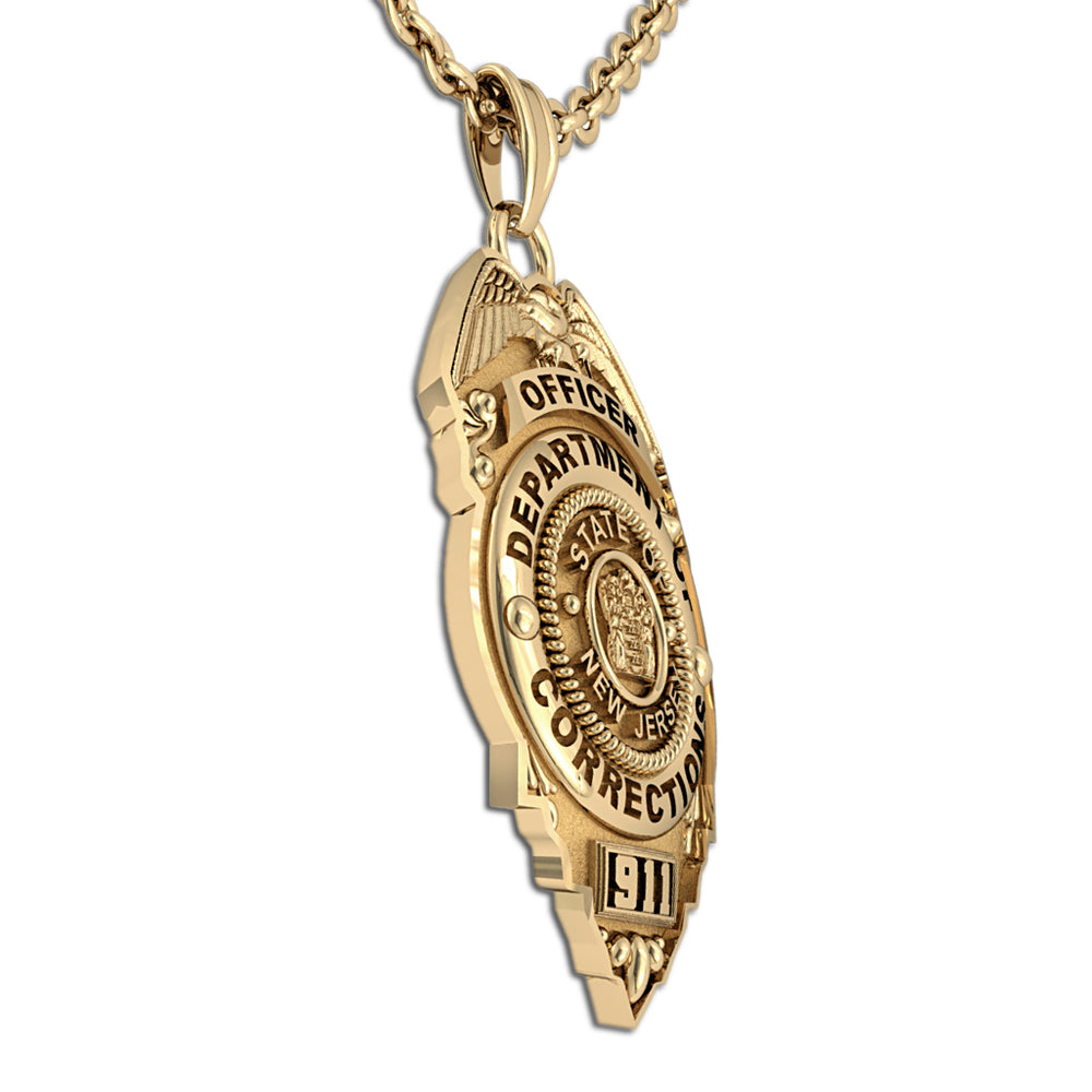 Gold New Jersey corrections badge pendant shown from the side. (PG85941, secondary photo 2)