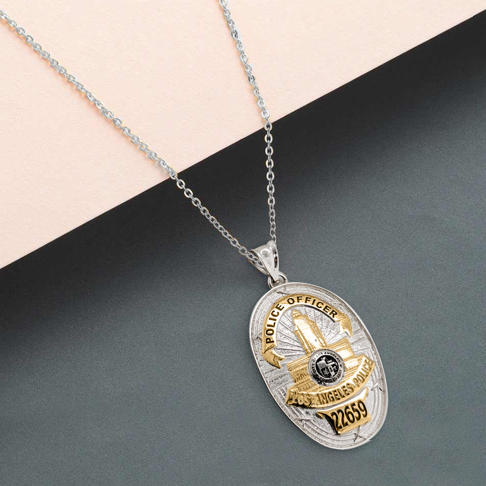 Personalized Los Angeles police badge pendant worn against a dark background (PG86077, secondary photo 1)