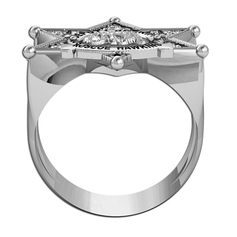 Silver sheriff badge ring shown from the side with its band visible. (PG86079, secondary photo 1)