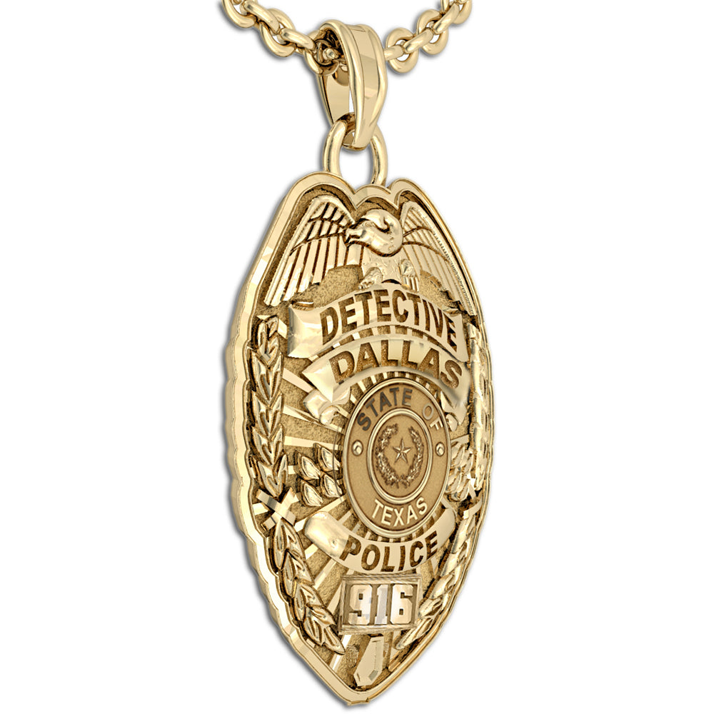 Gold Texas police badge pendant viewed from the side to show its raised profile. (PG86088, secondary photo 2)