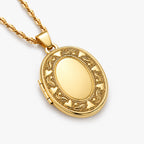Solid 14K Yellow Gold Floral Oval Photo Locket