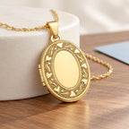 Solid 14K Yellow Gold Floral Oval Photo Locket - lifestyle