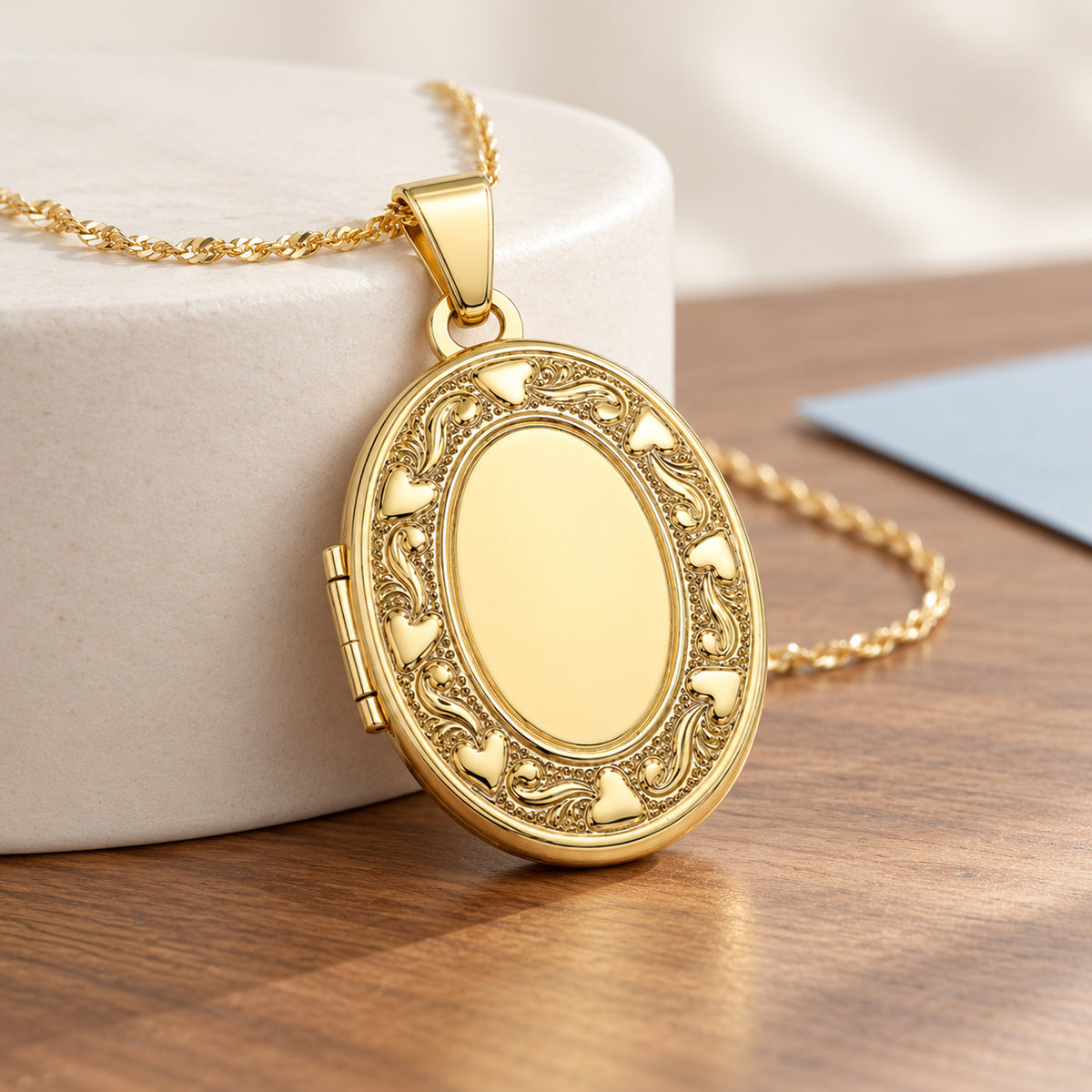 Solid 14K Yellow Gold Floral Oval Photo Locket - lifestyle