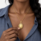 Solid 14K Yellow Gold Floral Oval Photo Locket - on model