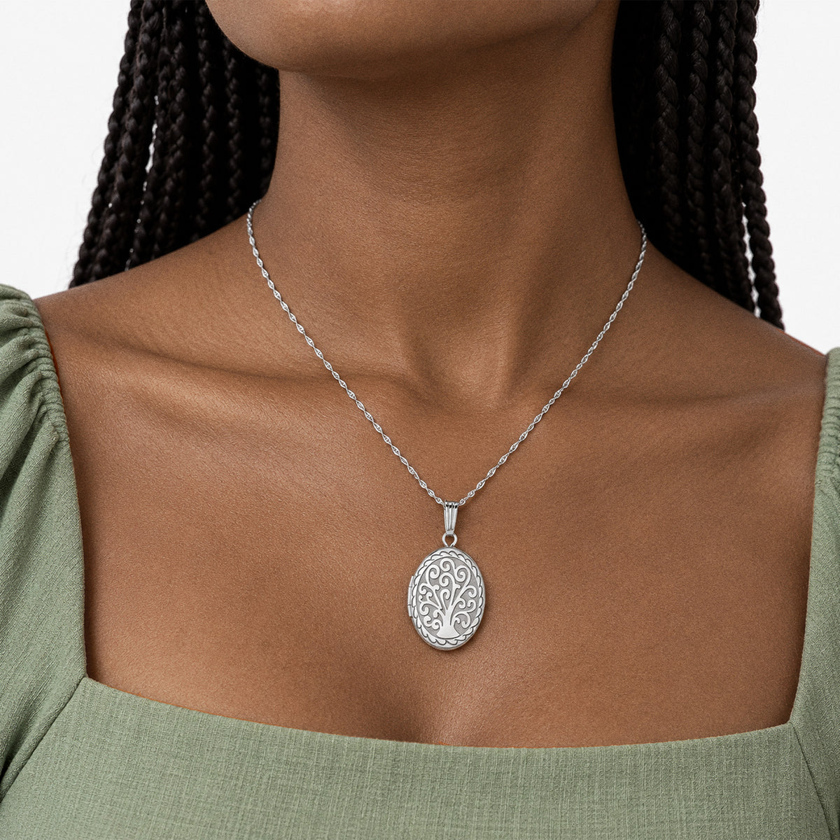 Tree of Life Oval Photo Locket - on model