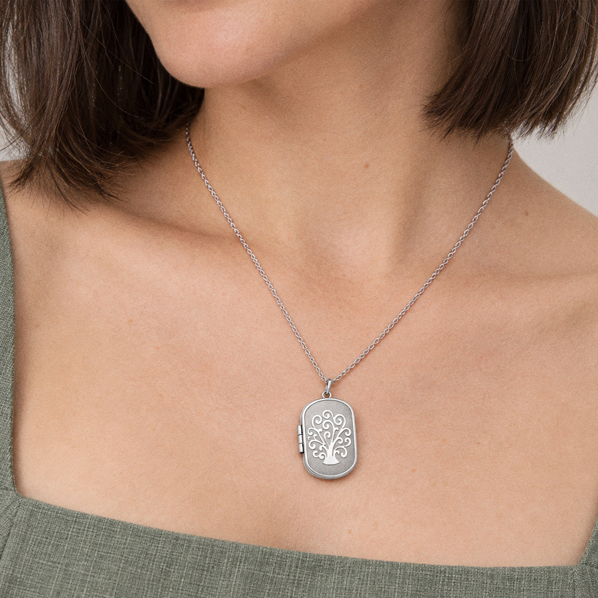 Tree of Life Dog Tag Photo Locket - on model