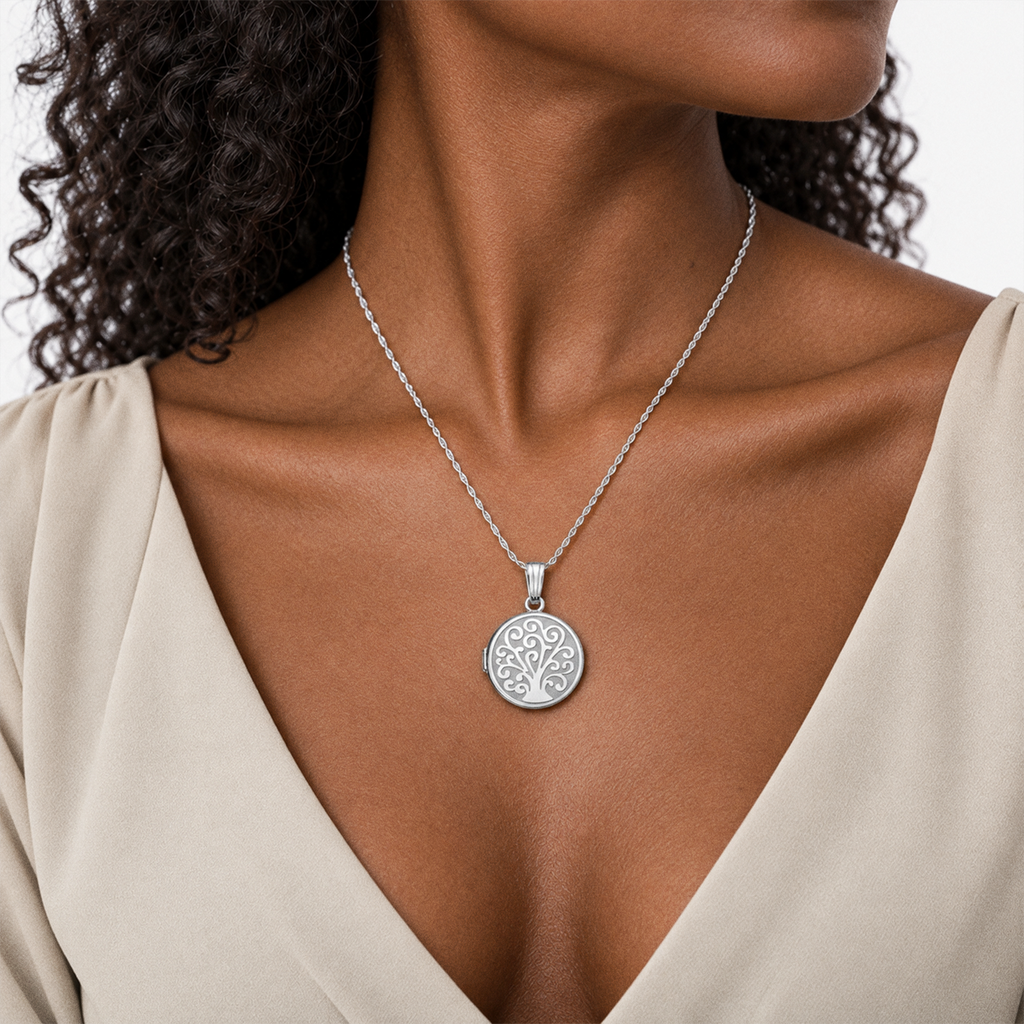 Tree of Life Round Photo Locket - on model