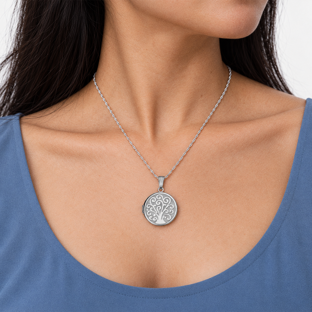 Tree of Life Round Photo Locket - on model