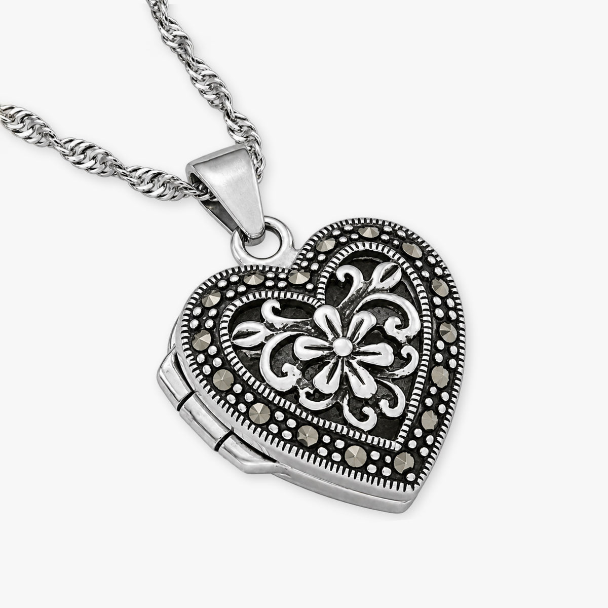 Marcasite Heart Photo Locket w/ 18 Chain Necklace