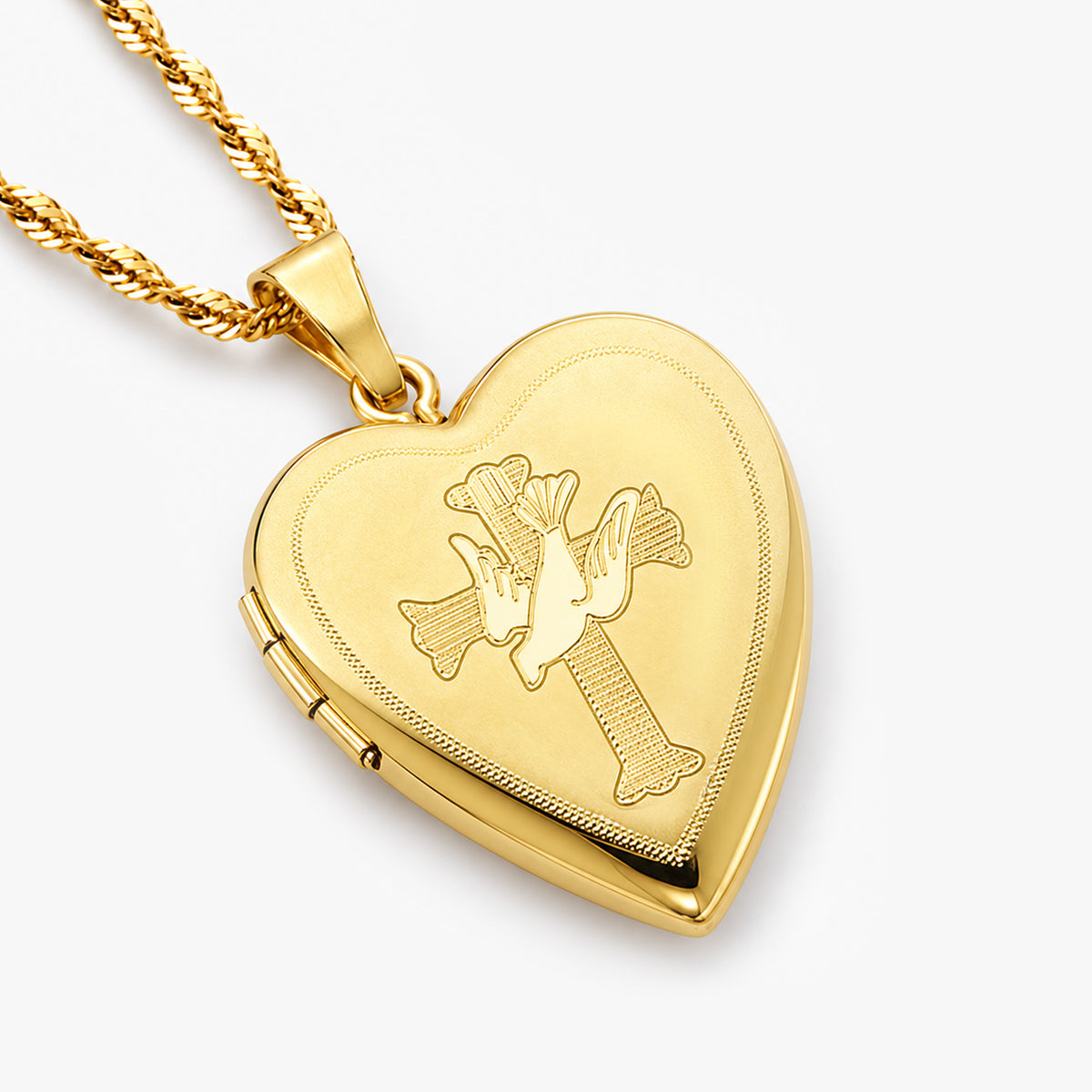 14K Gold Filled Dove & Cross Heart Photo Locket
