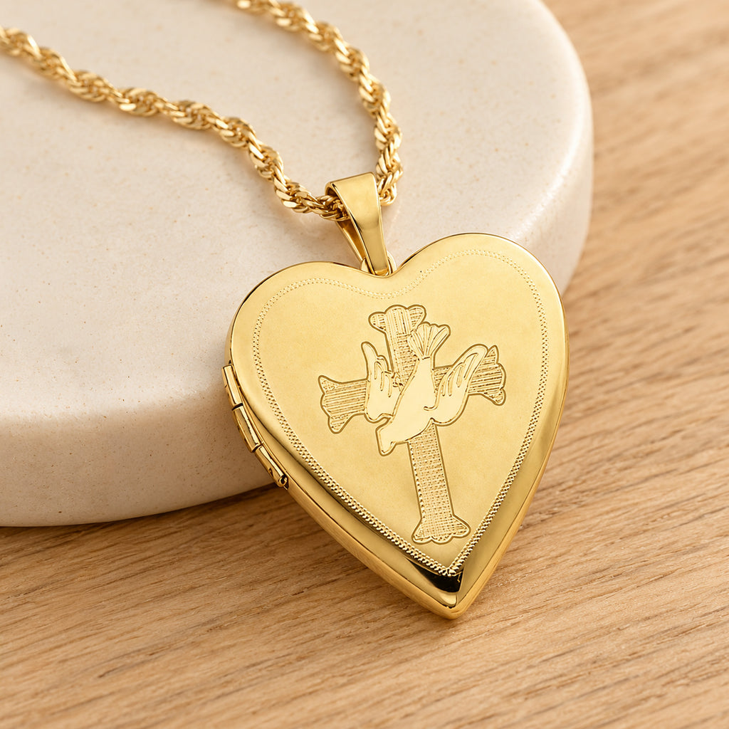 14K Gold Filled Dove & Cross Heart Photo Locket - lifestyle
