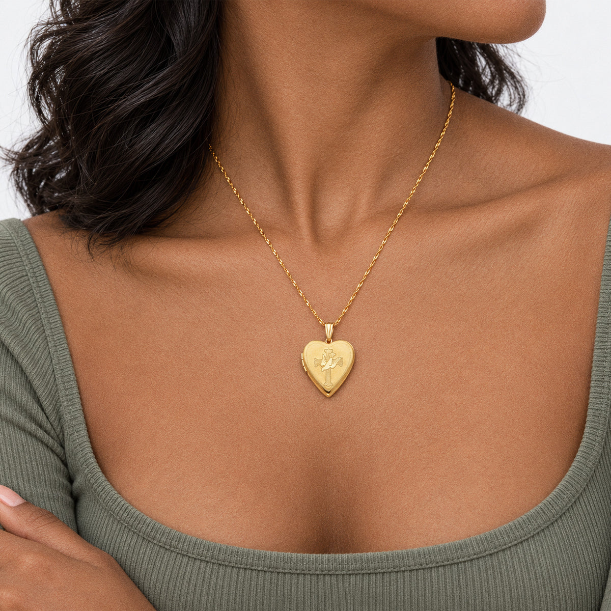 14K Gold Filled Dove & Cross Heart Photo Locket - on model