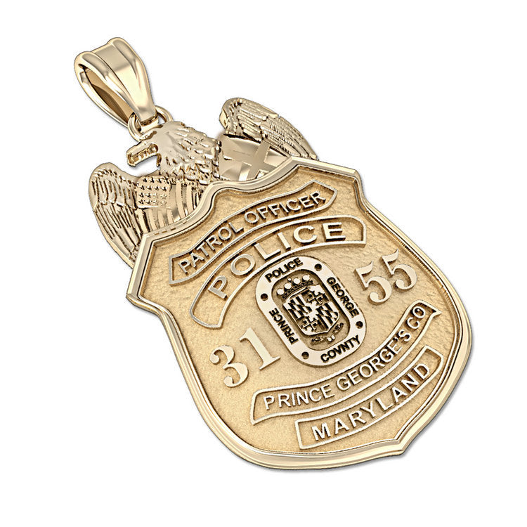 Gold Prince George County police badge pendant shown at an angle. (PG87318, secondary photo 1)