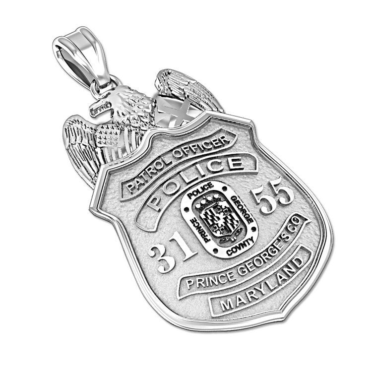Silver Prince George County police badge pendant shown at an angle. (PG87318, secondary photo 2)