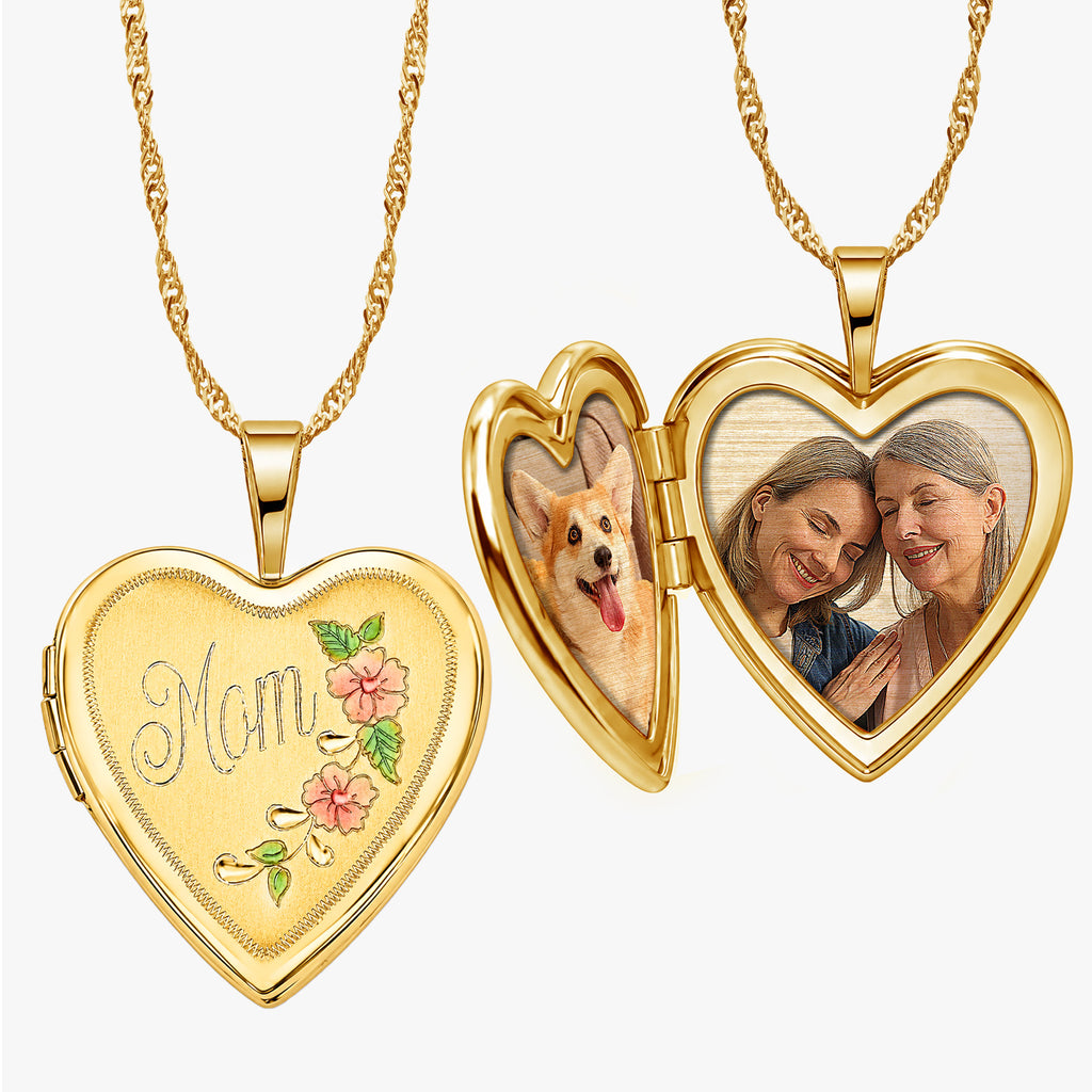 Solid 14K Yellow Gold Heart Mom Enameled Heart Locket