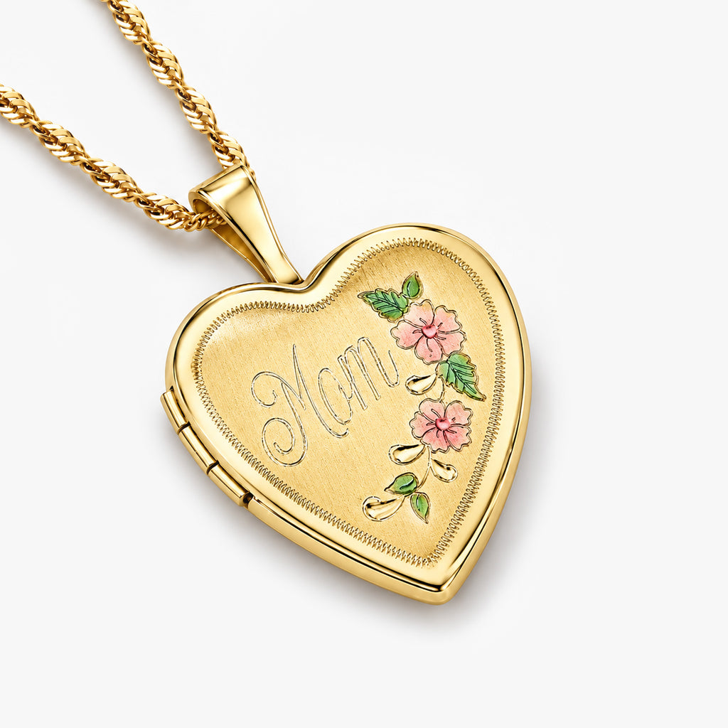 Solid 14K Yellow Gold Heart Mom Enameled Heart Locket