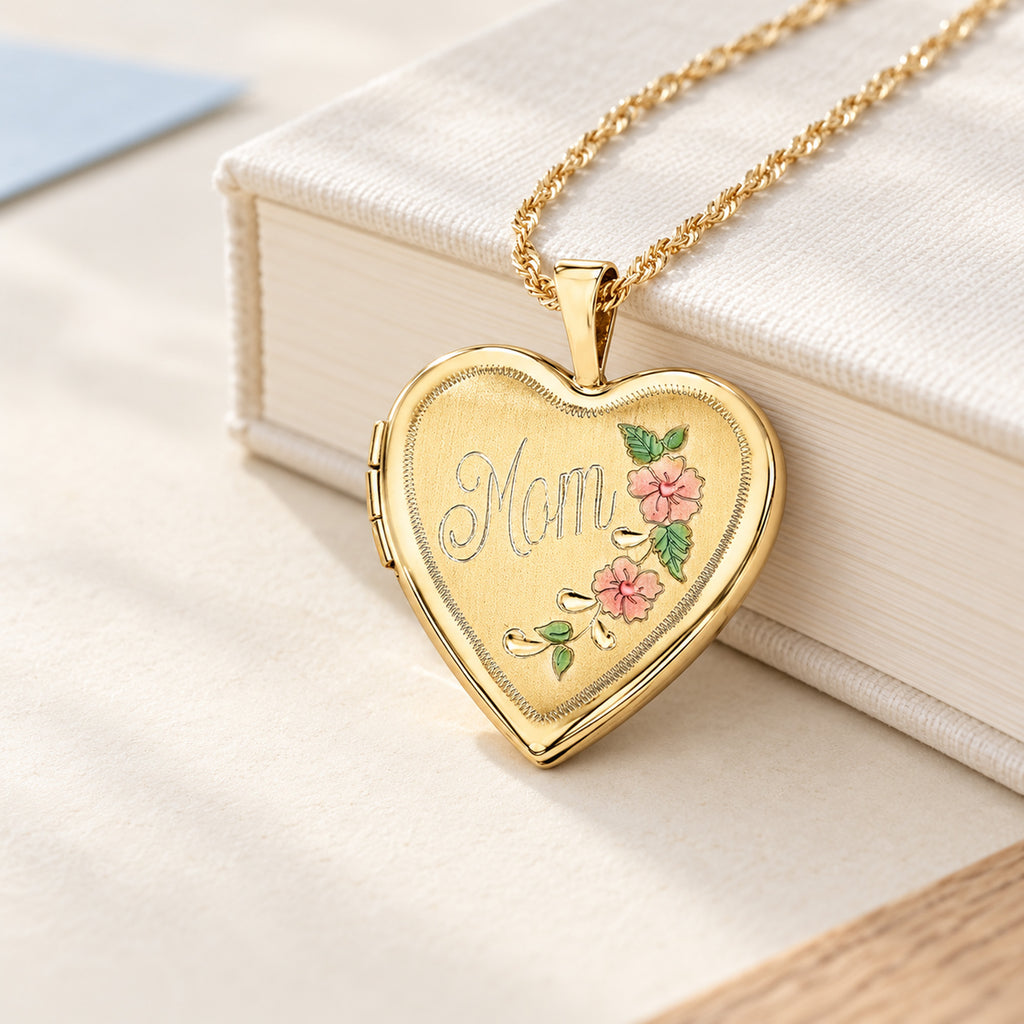 Solid 14K Yellow Gold Heart Mom Enameled Heart Locket - lifestyle