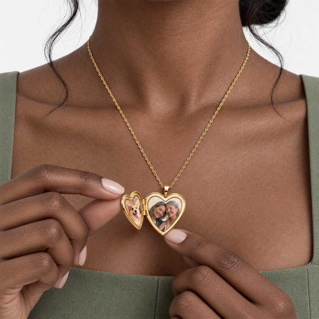 Solid 14K Yellow Gold Heart Mom Enameled Heart Locket - on model