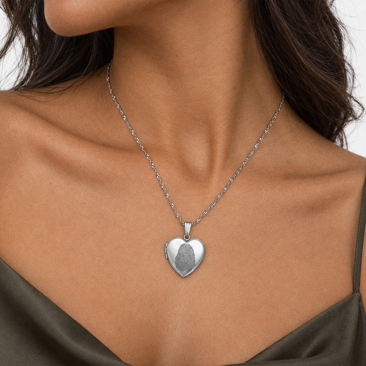Fingerprint Heart Photo Locket - on model