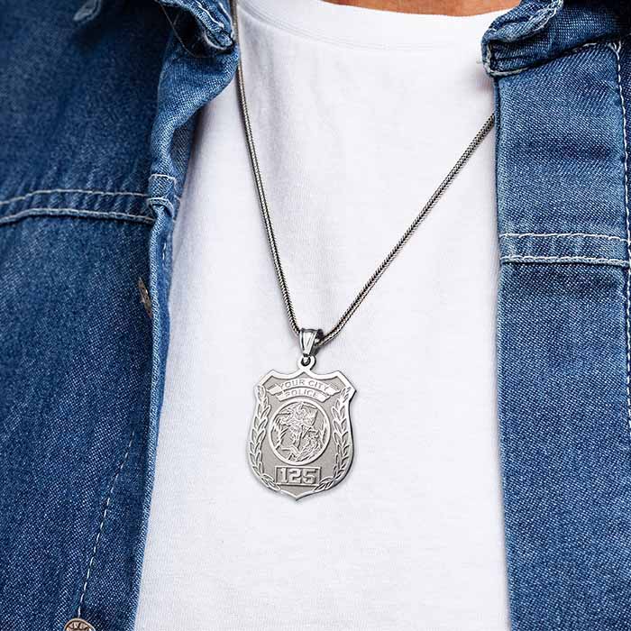 Saint Michael pendant necklace worn with a dark casual shirt (PG88675, secondary photo 5)