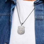 Saint Michael pendant necklace worn with a dark casual shirt (PG88675, secondary photo 5)