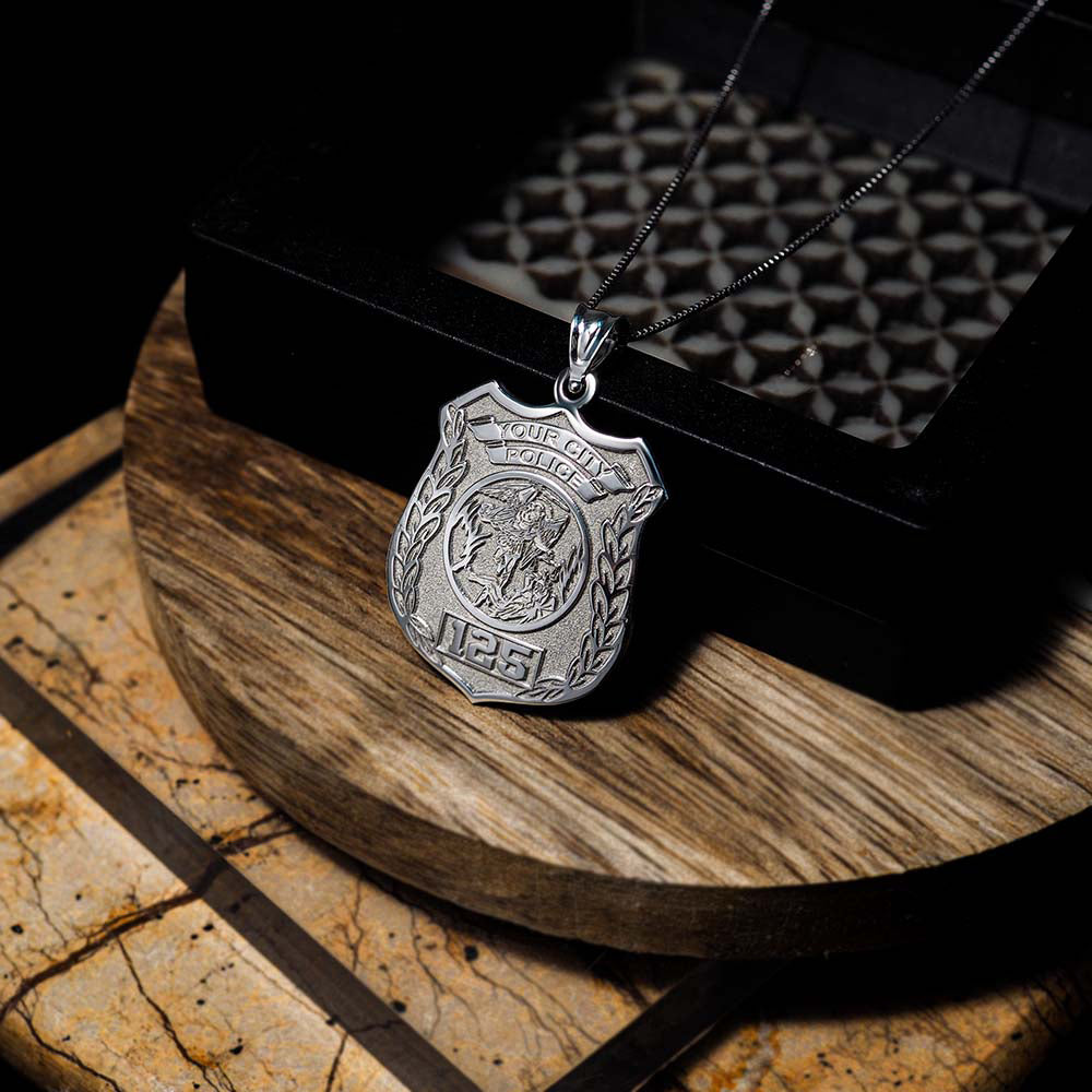 Saint Michael necklace displayed on a dark jewelry stand (PG88675, secondary photo 7)