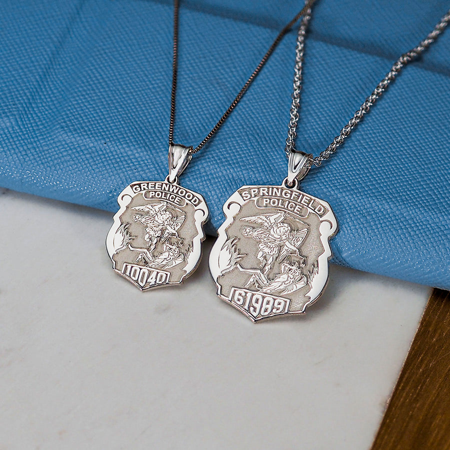 The Saint Michael police badge pendant displayed with a blue presentation box (PG88679, secondary photo 6)
