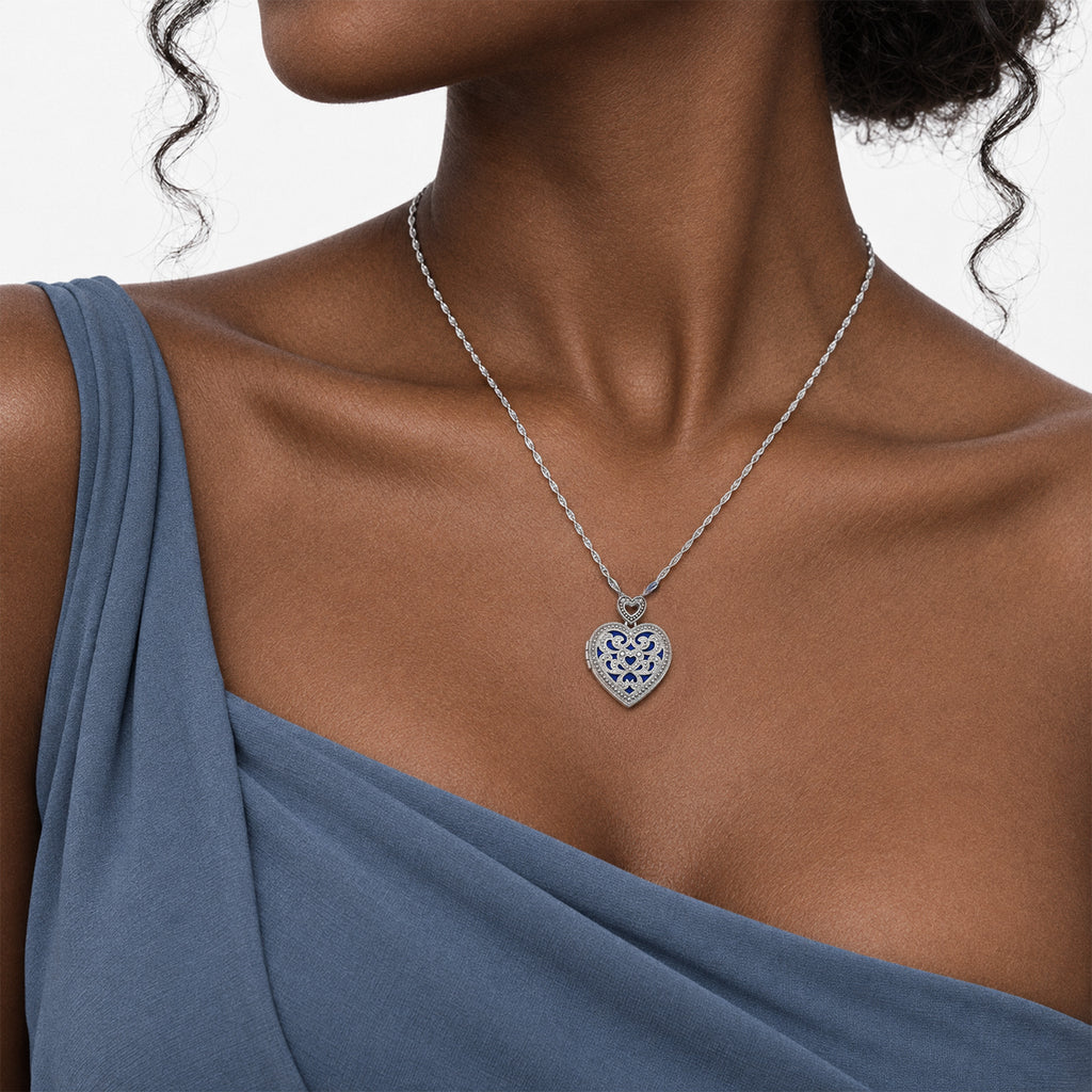 Vintage Diamond Heart Photo Locket - on model
