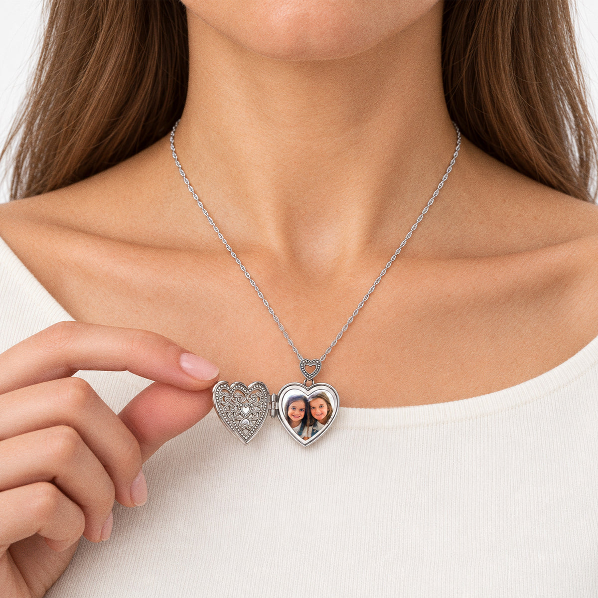 Vintage Diamond Heart Photo Locket - on model