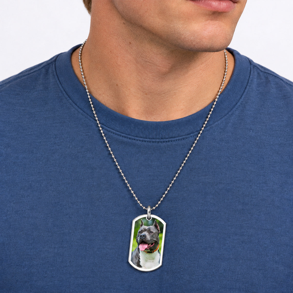 Stainless Steel Photo Dog Tag Pendant - on model