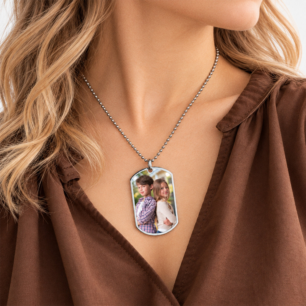 Stainless Steel Photo Dog Tag Pendant - on model