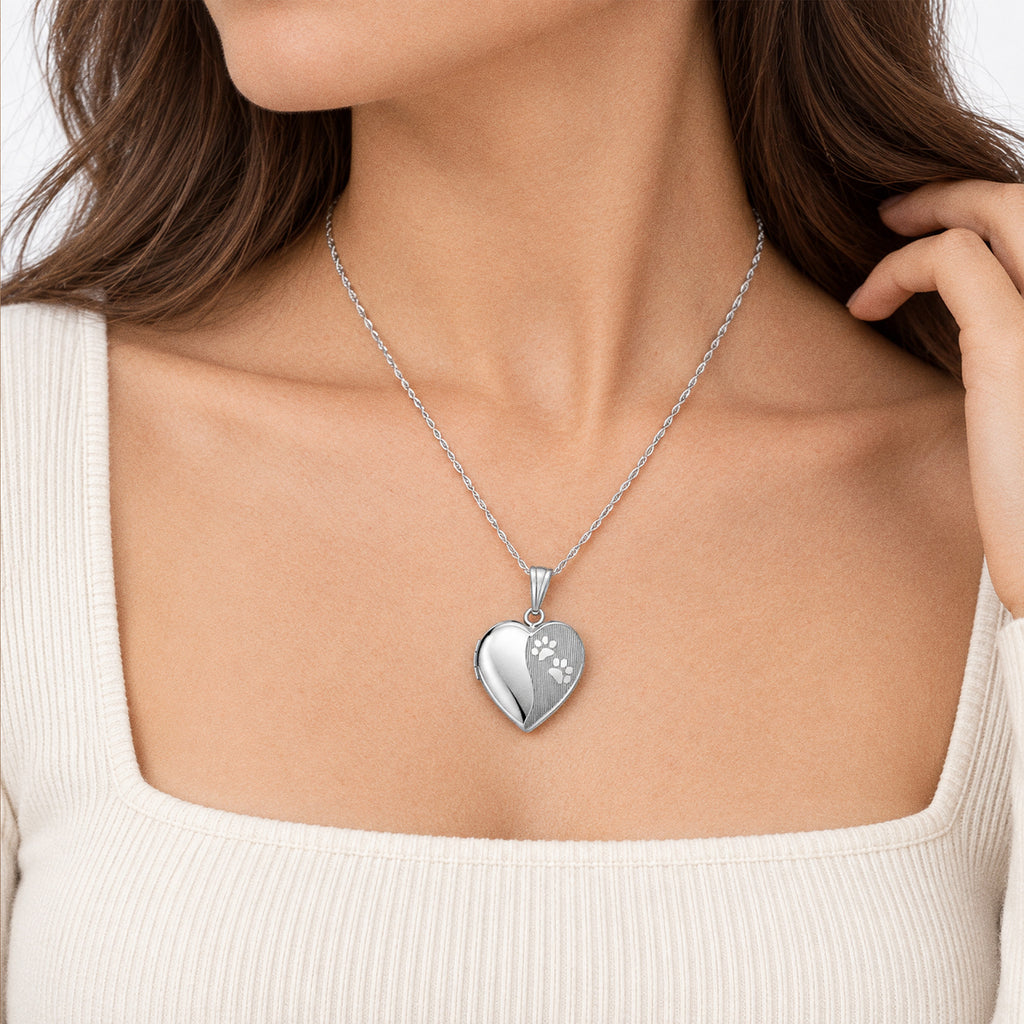 Paw Prints Heart Photo Locket - on model