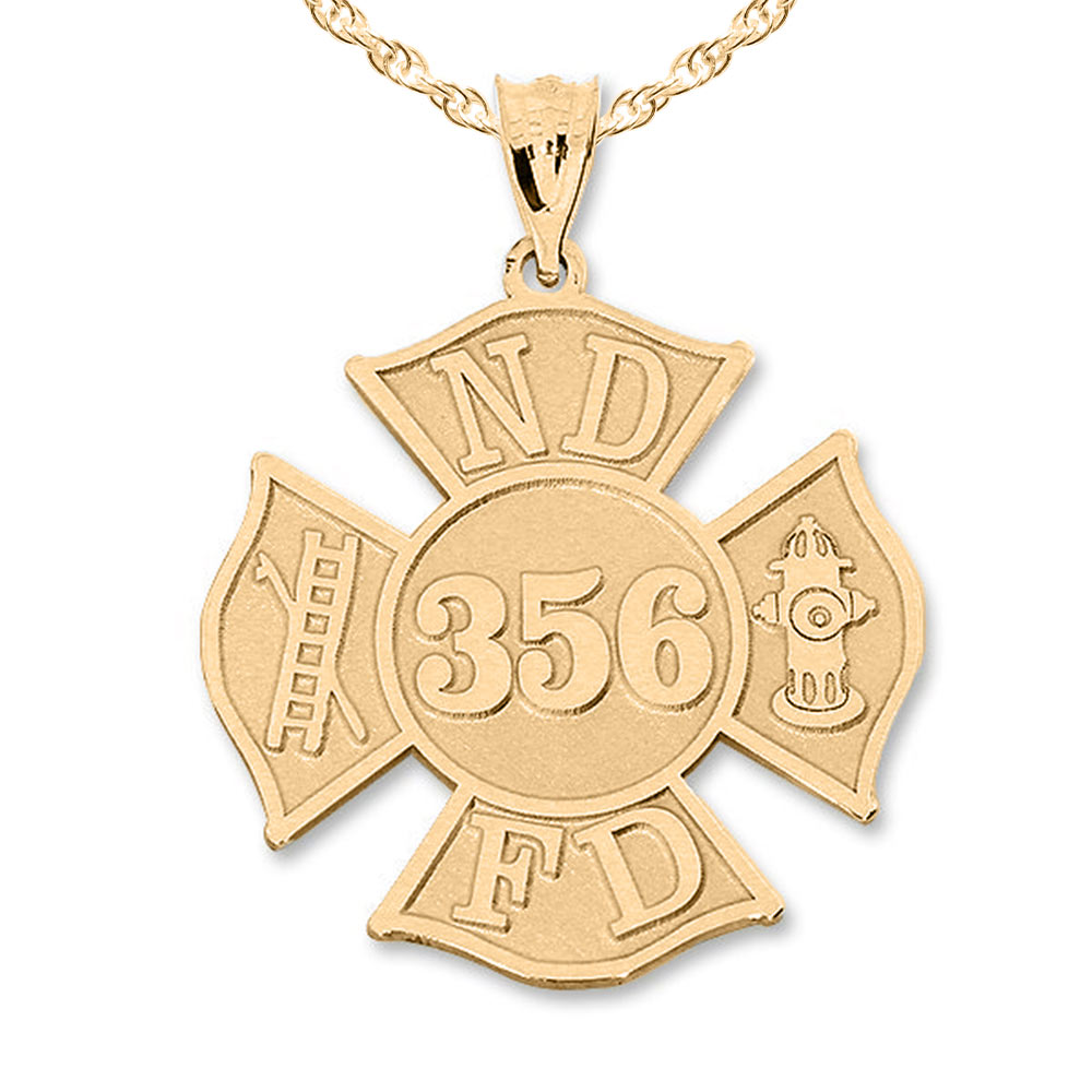 Gold firefighter badge pendant on a chain against a white background (PG89011, secondary photo 1)