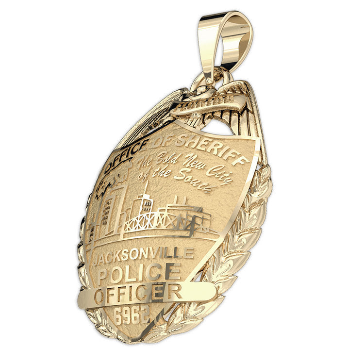 Gold Jacksonville sheriff badge pendant shown at an angle. (PG89191, secondary photo 2)