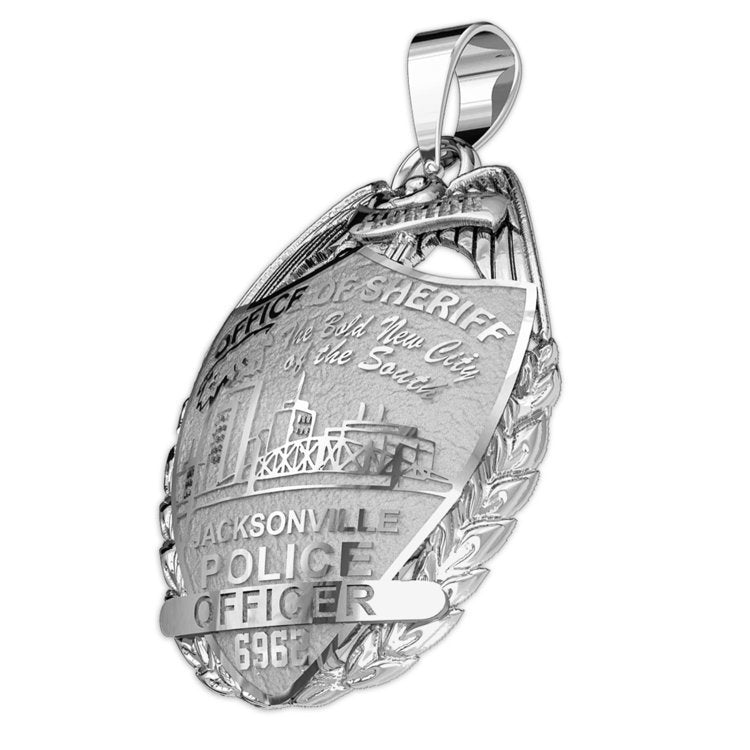 Silver Jacksonville sheriff badge pendant shown at an angle. (PG89191, secondary photo 3)