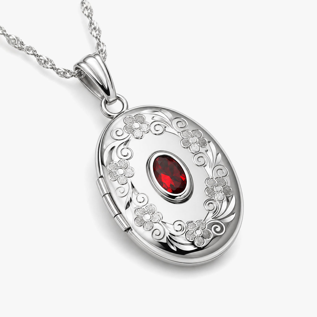 Floral Border with Birthstone Oval Photo Locket