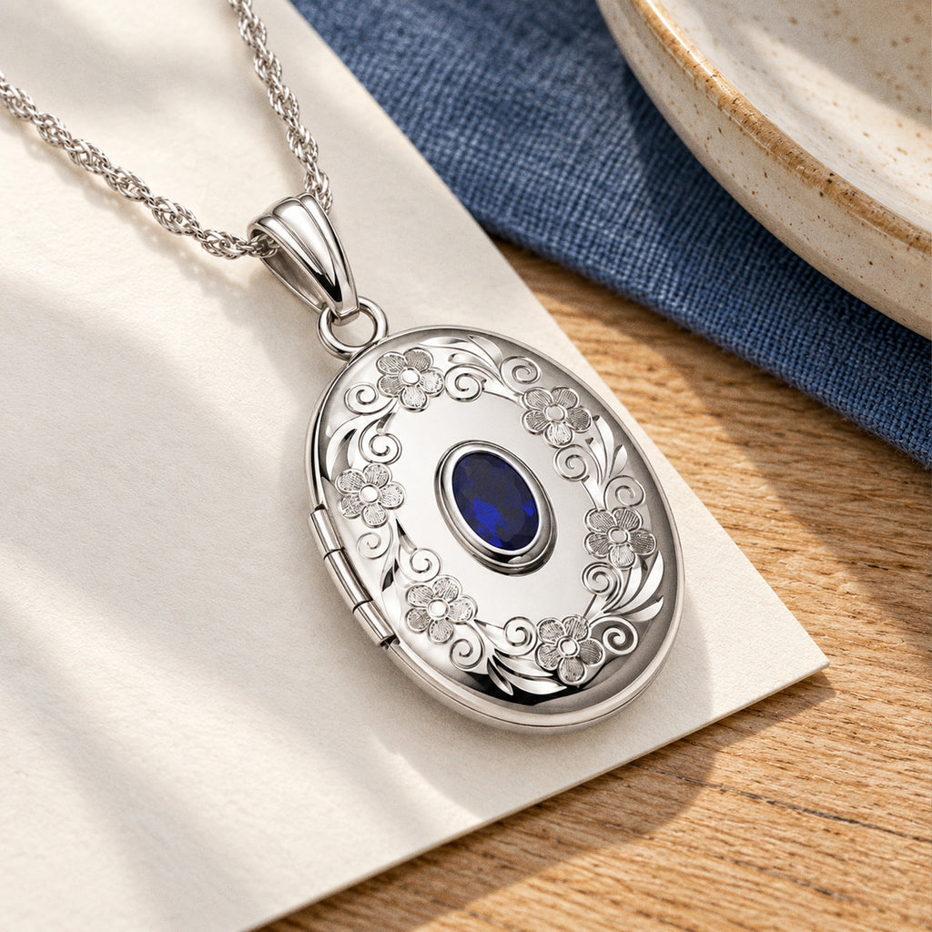 Floral Border with Birthstone Oval Photo Locket - lifestyle