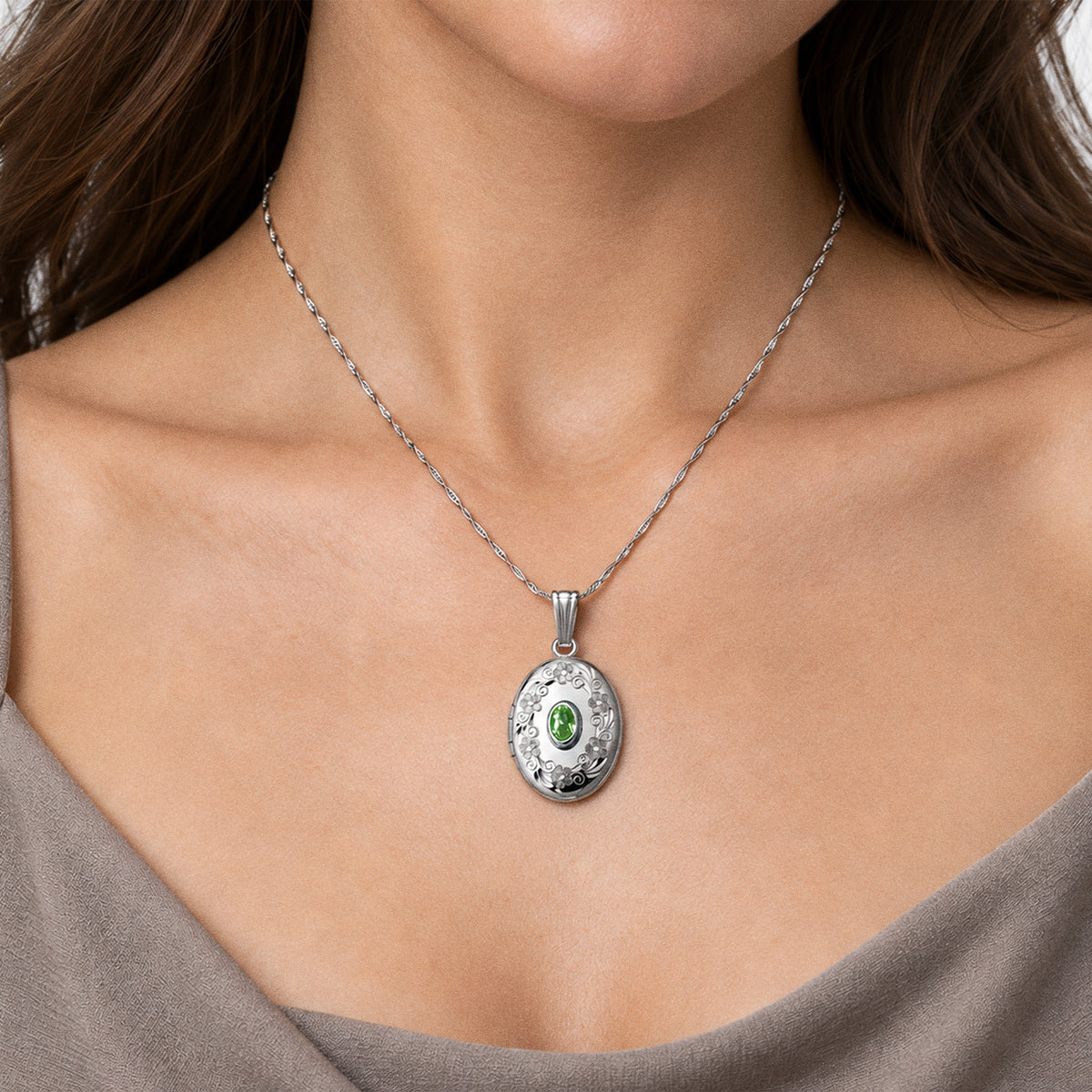 Floral Border with Birthstone Oval Photo Locket - on model