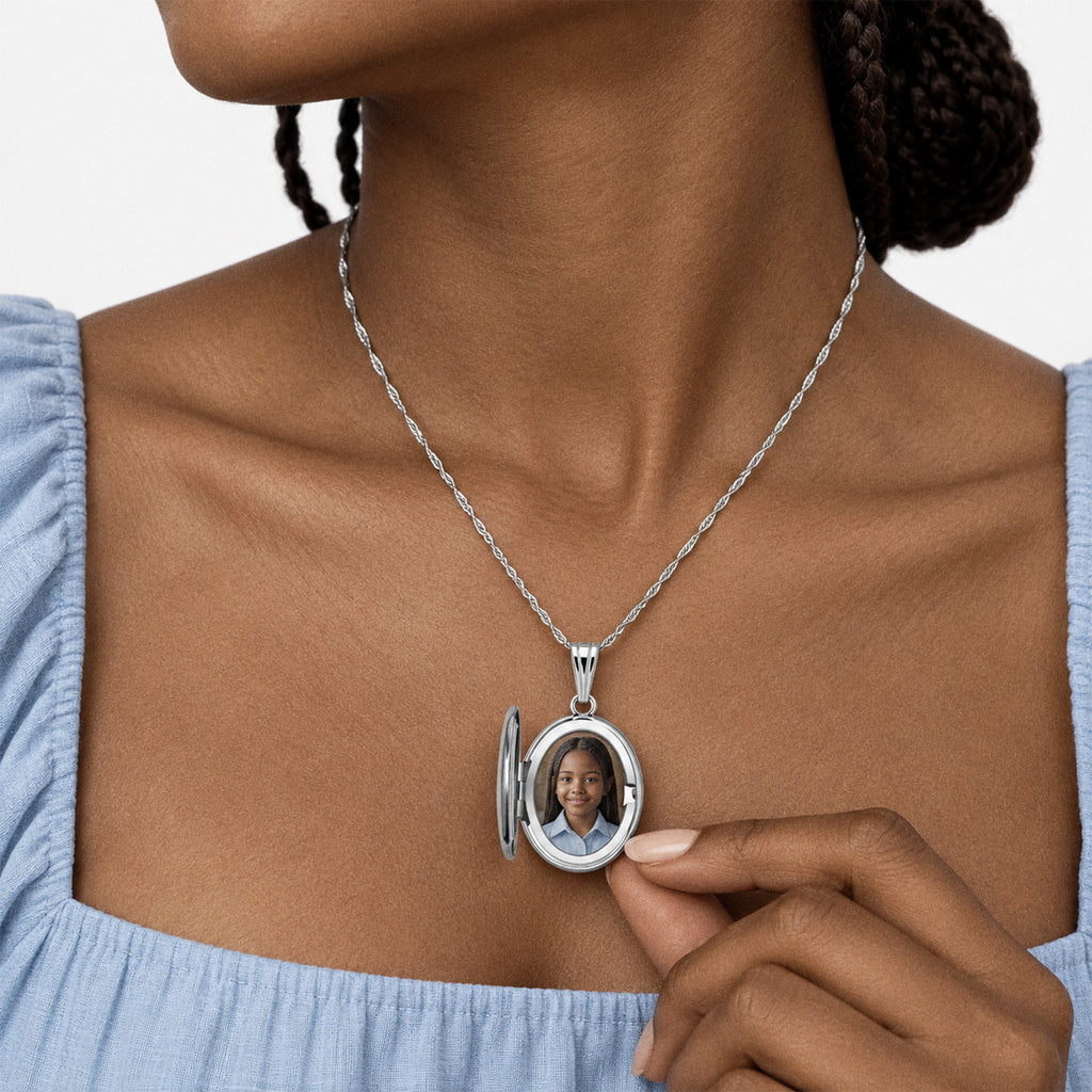 Floral Oval PHoto Locket - on model
