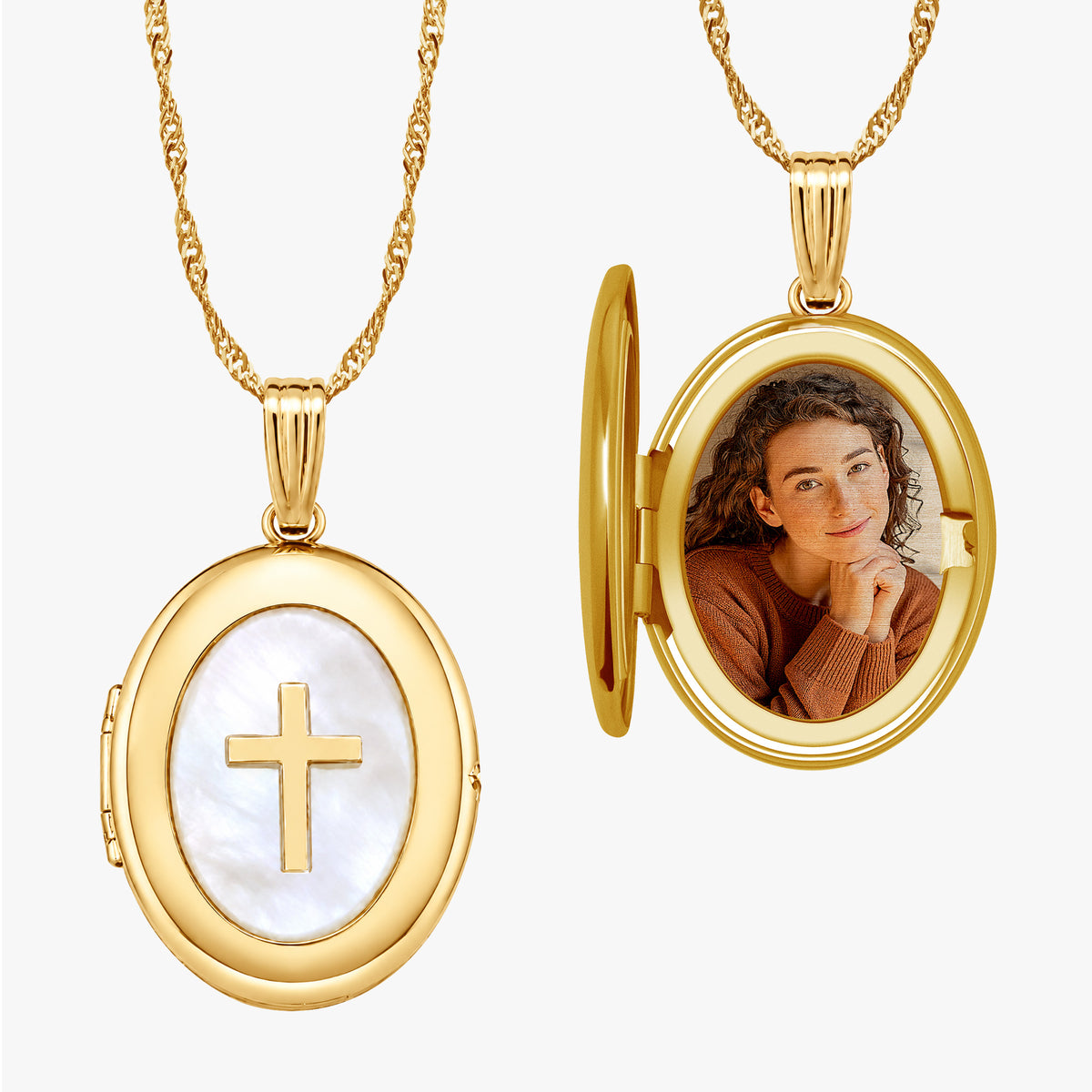 Solid 14K Yellow Gold Mother Of Pearl Cross Oval Photo Locket