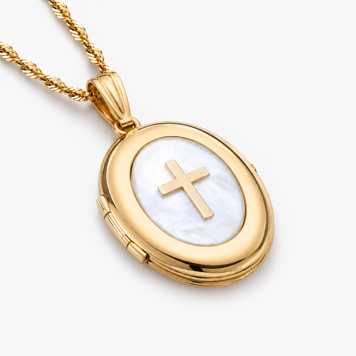 Solid 14K Yellow Gold Mother Of Pearl Cross Oval Photo Locket